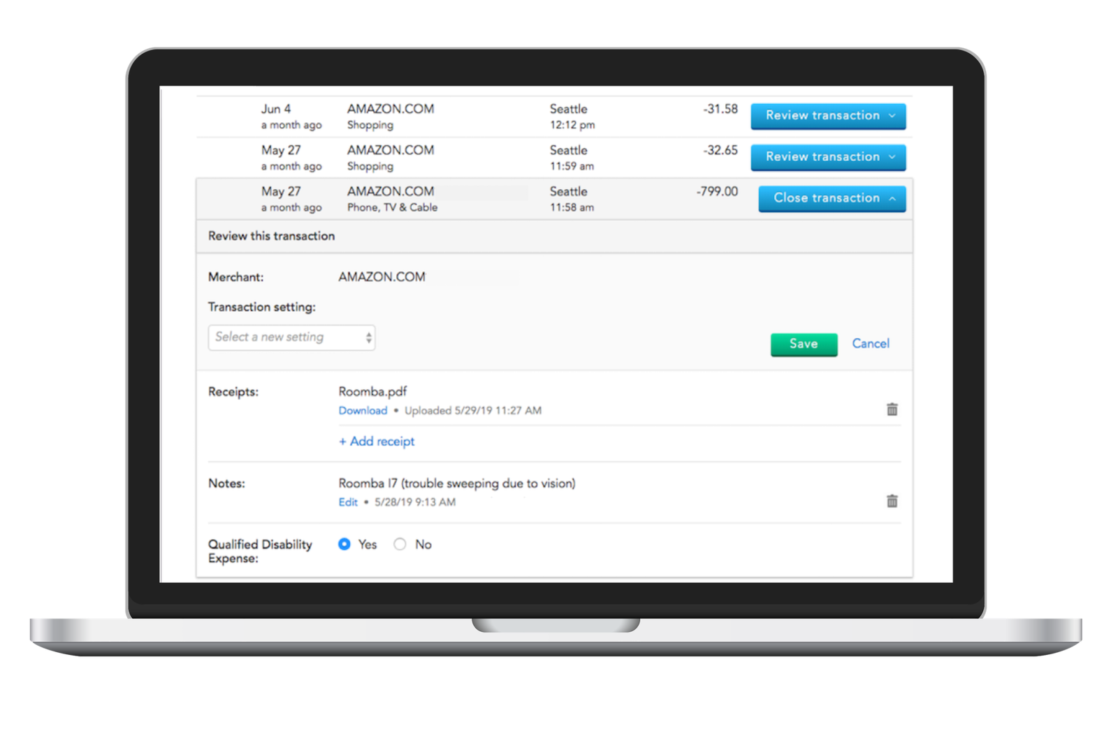 Transaction Management screen on the True Link portal